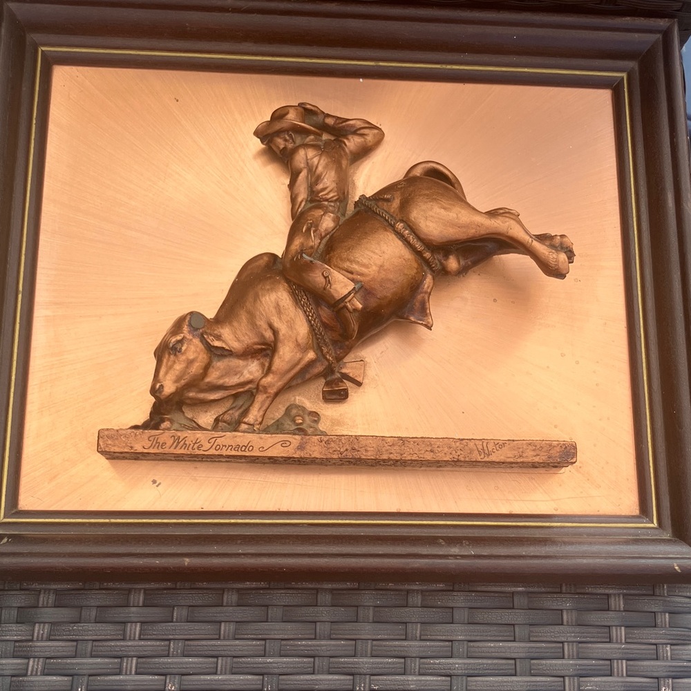 Vintage “The White Tornado” Rustic Bronze Plaster 3D Bull Rider Wall Art 13x16